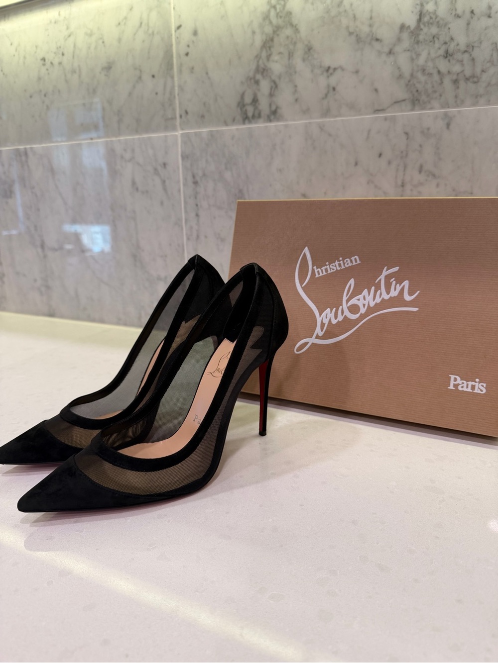 Christian Louboutin Galativi mesh and suede pumps